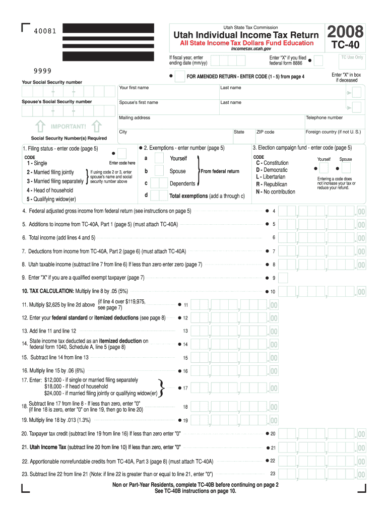  TC 40 Utah Individual Income Tax Return Tax Utah 2019