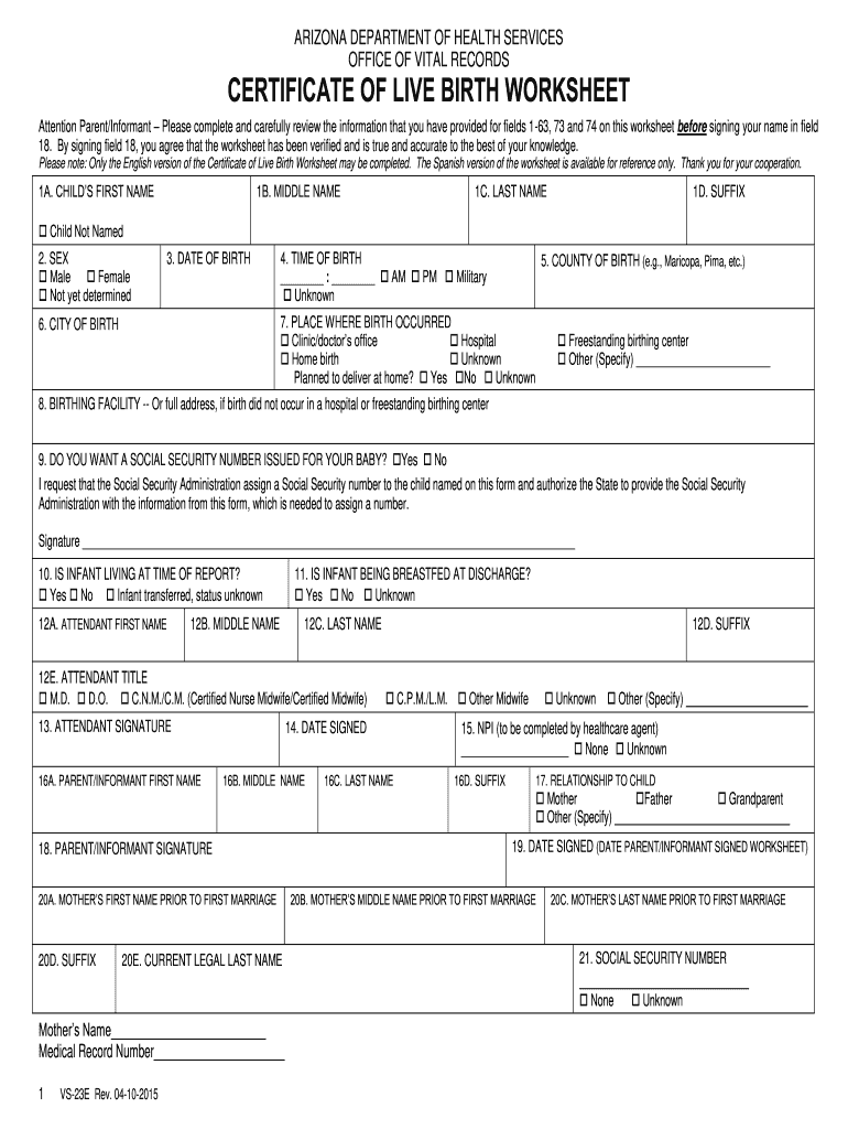 Standard Home Birth Worksheet Az Printable  Form 2015