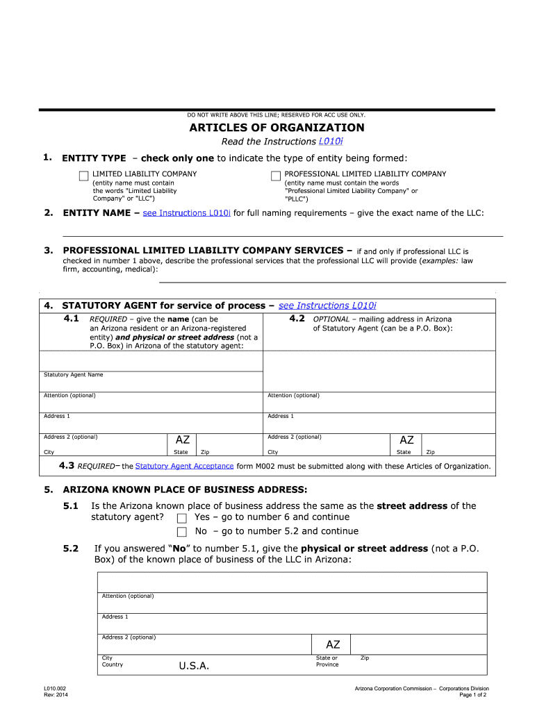 Get and Sign Articles of Organization Arizona Corporation Commission Azcc 2017-2022 Form