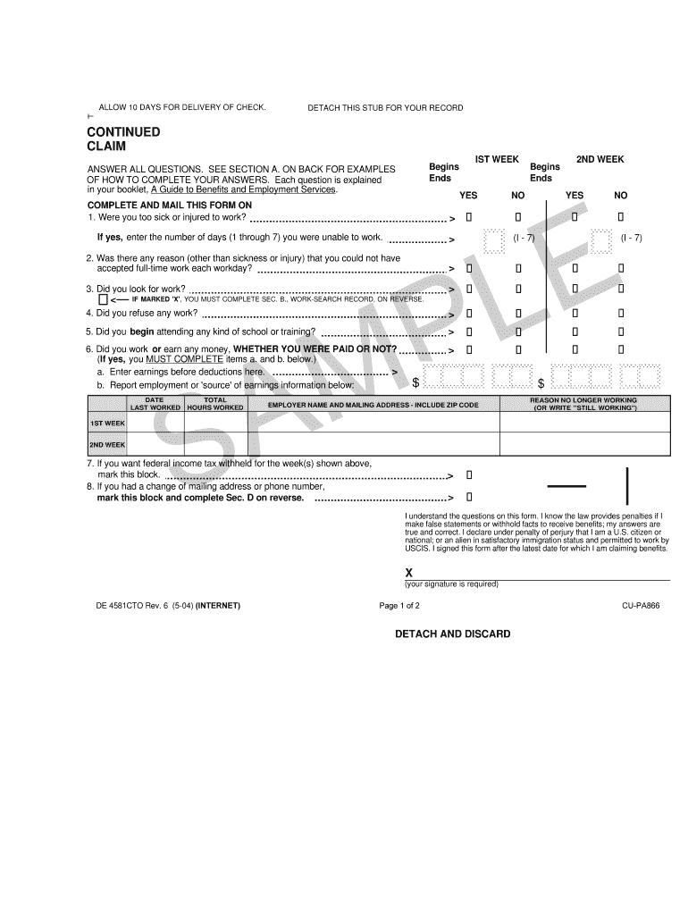 Continued Claim Form DE4581CTO  Edd Ca