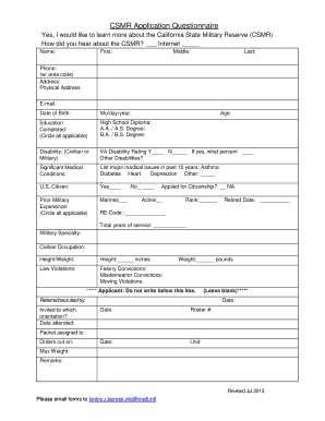 CSMR Application Questionnaire Calguard Ca  Form