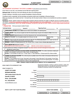 TRANSIENT OCCUPANCY TAX WORKSHEET Placer County Placer Ca  Form