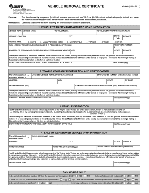  Dmv Vehicle Removal Certificate in Va  Form 2011