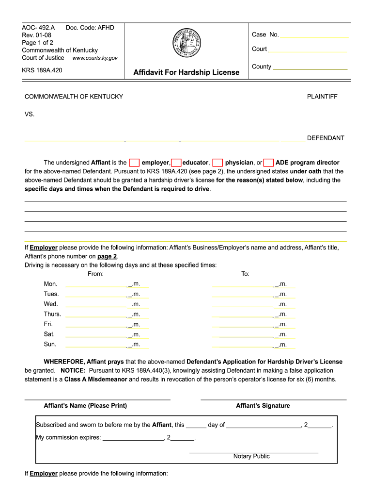  Hardship License Ky 2008