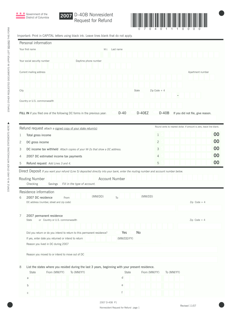  D 40B Nonresident Request for Refund the District of Columbia Dc 2019