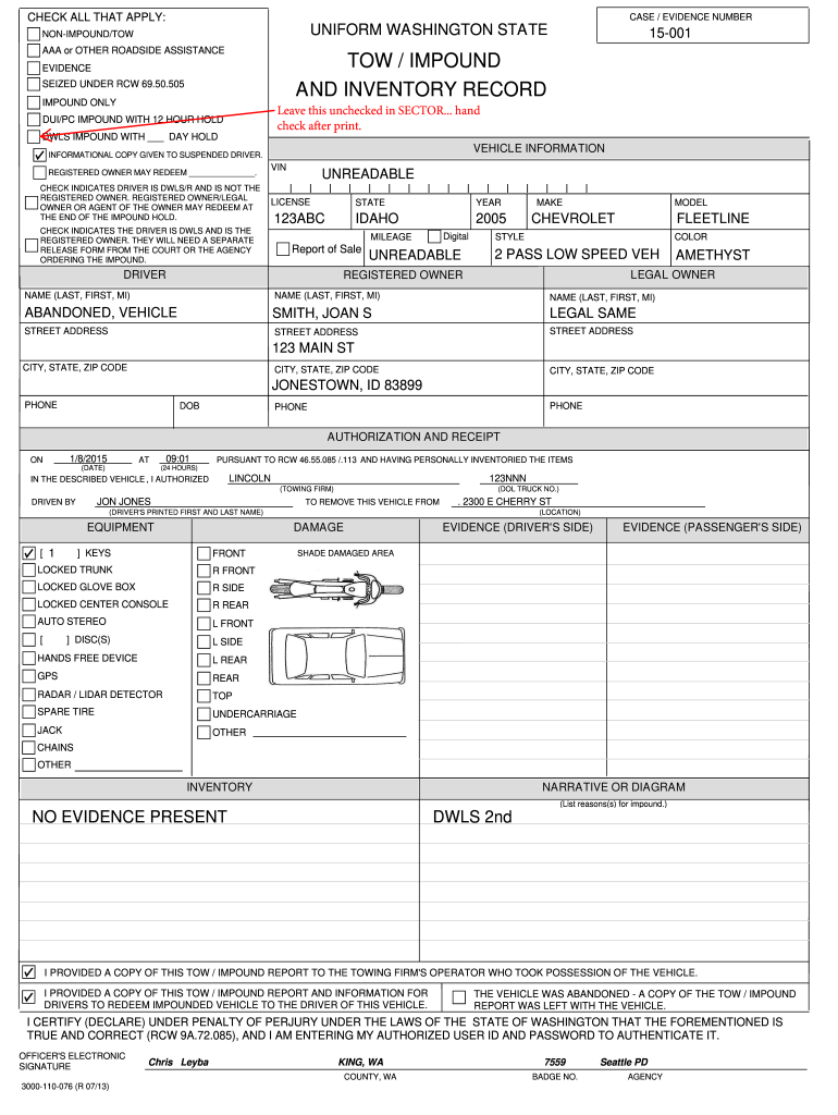 Police Vehicle Inventory Form