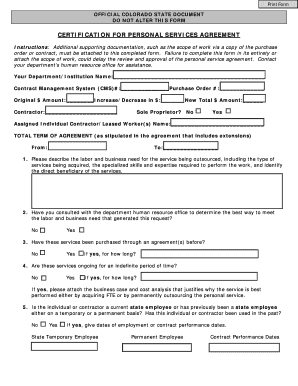 Certification for Personal Services Form PDF Colorado