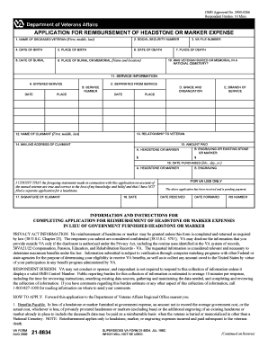 Application for Reimbursement of Headstone or Marker Expense Vba Va  Form