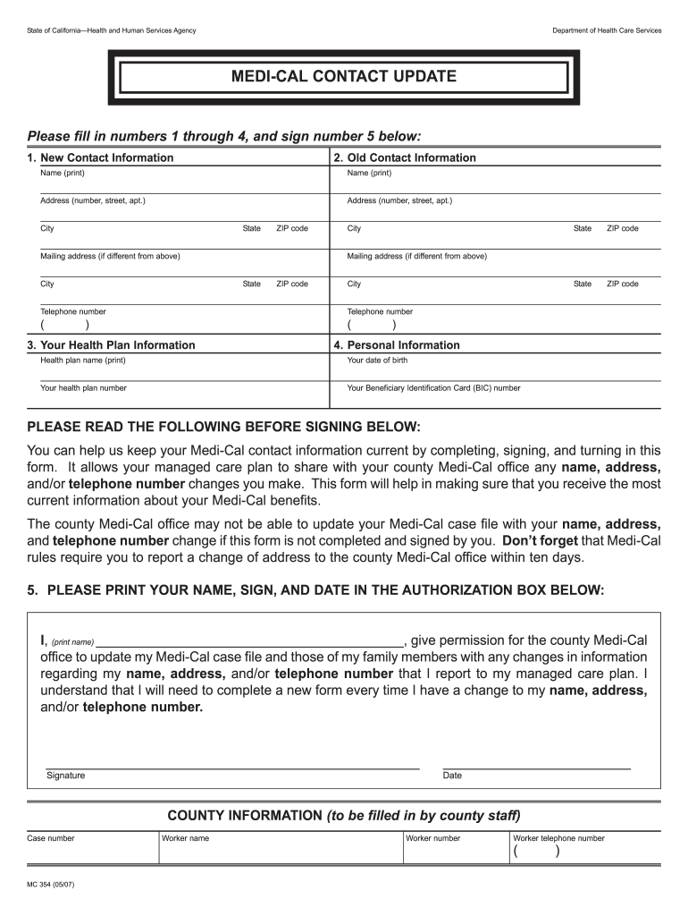 MC 354 0507 Medi Cal Contact Update California Department Dhcs Ca Form