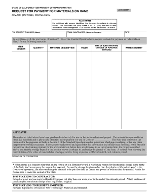 Request for Payment for Materials on Hand State of California Dot Ca  Form