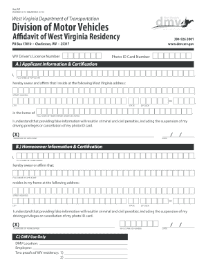 Affidavit of WV Residency West Virginia Department of Transportation Transportation Wv  Form