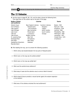 13 Colonies Map Worksheet PDF  Form