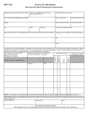  AR1103 Application to Be a Small Business Corporation Dfa Arkansas 2017-2024