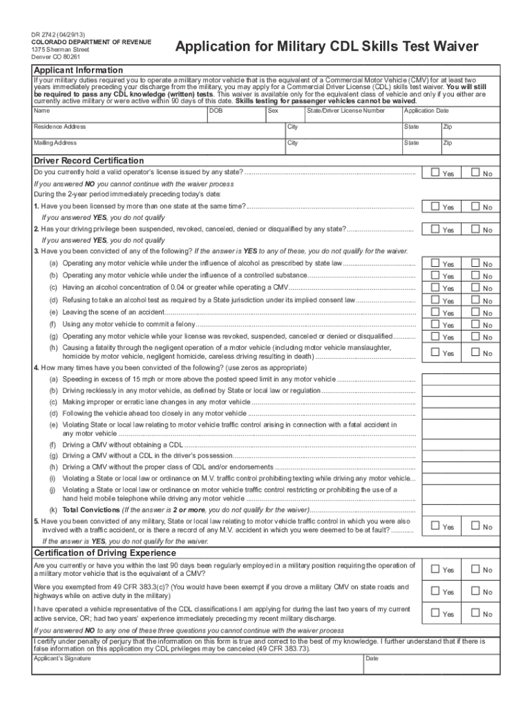 Application for Military Skills Test Waiver Fillable PDF Colorado  Form