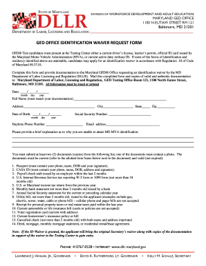 GED OFFICE IDENTIFICATION WAIVER REQUEST FORM Dllr Maryland