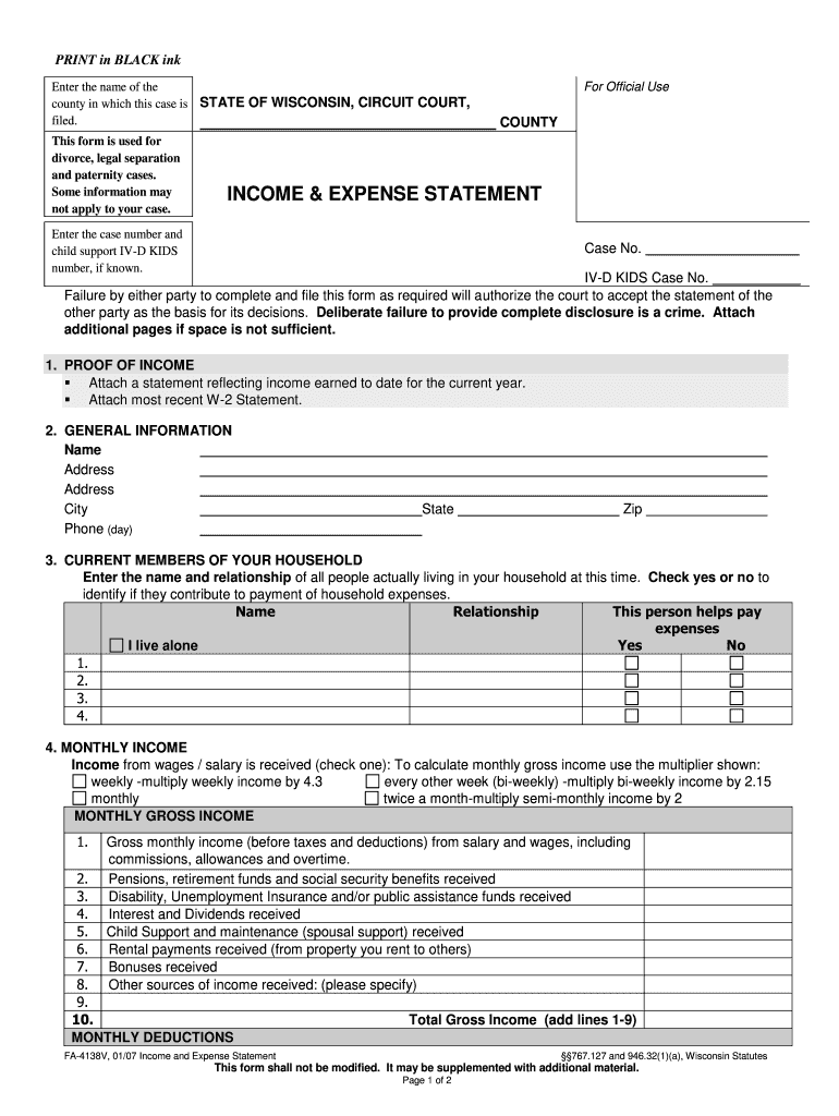  FA 4138 Income and Asset Statement  Wisconsin Court System  Wicourts 2007