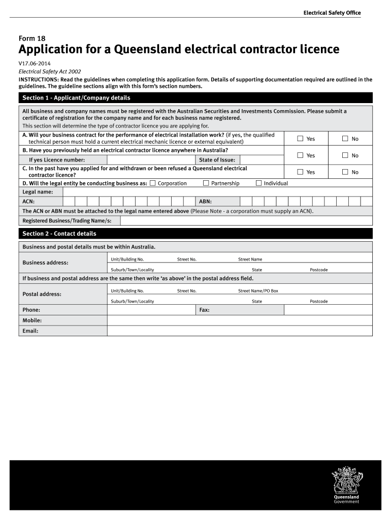 Form 18  Application for a Queensland Electrical Contractor Licence Form 18  Application for a Queensland Electrical Contract