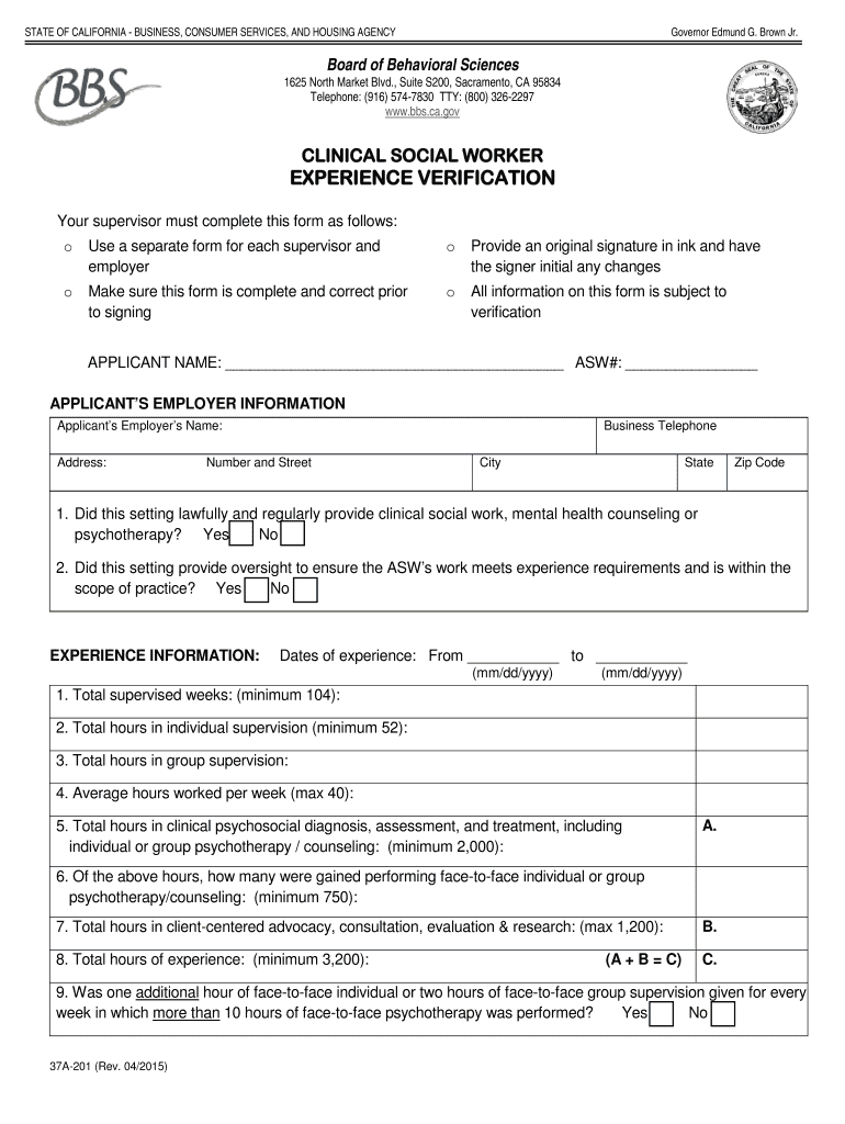  Bbs Ca Clinical Social Worker Experience Verification Form 2019