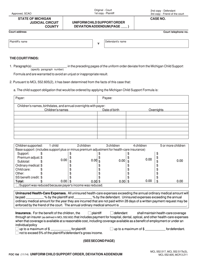  Uniform Child Support Order, Deviation Addendum Courts Mi 2014