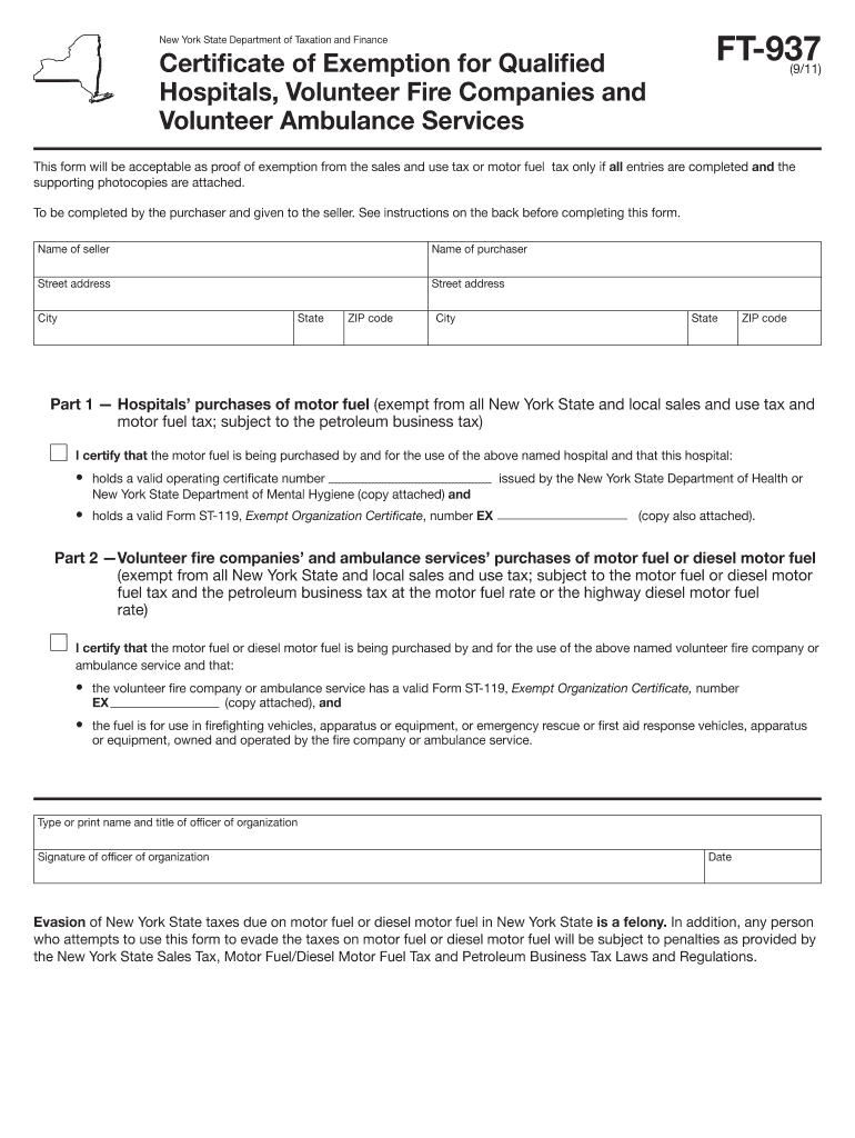  Form FT 937911Certificate of Exemption for Qualified Hospitals    Tax Ny 2011