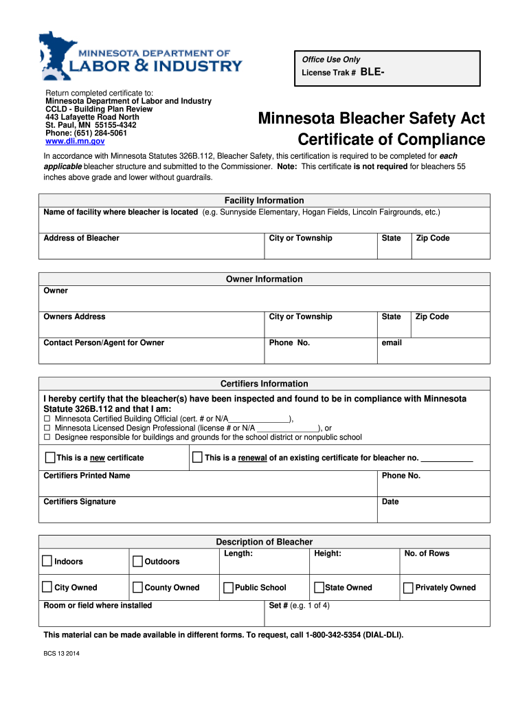 Minnesota Bleacher Safety Act Certificate of Compliance Dli Mn  Form