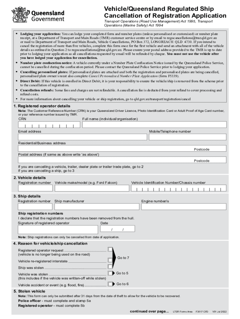  VehicleQueensland Regulated Ship Cancellation of Registration Application 2022-2024