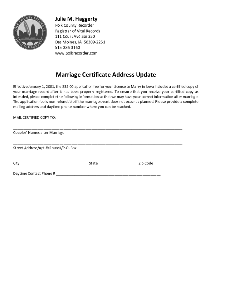 Marriage CertificatesPolk County, MN  Form