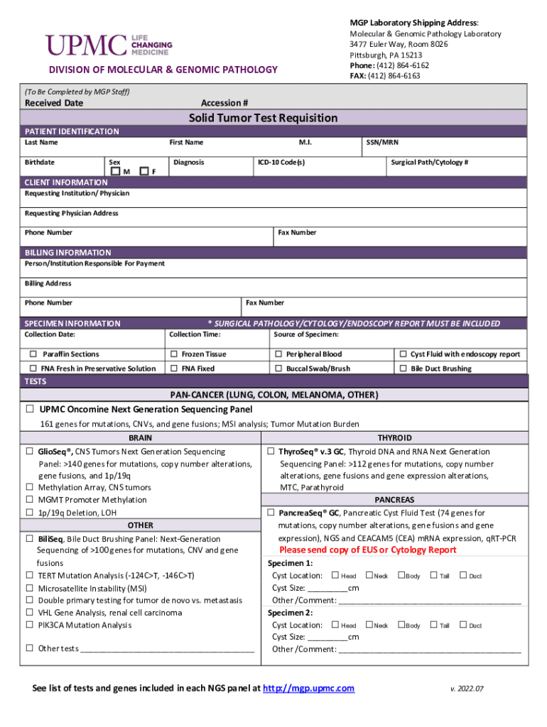  Requisition Form UPMC Molecular Genomic Pathology Lab 2022-2024