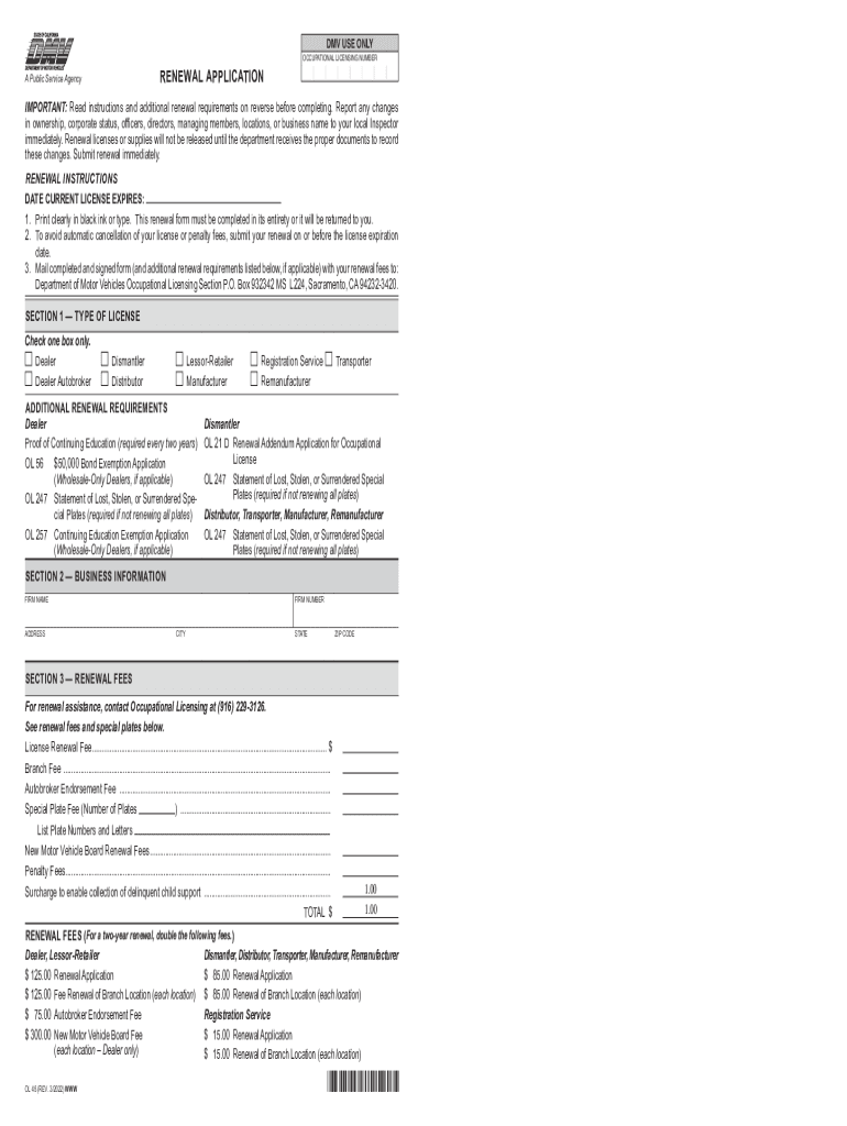 OL 45, Renewal Application Index Ready This Form is Used When Renewing an Occupational License