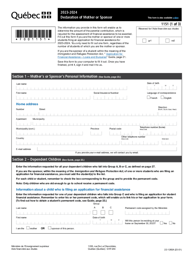  1151 Declaration of Mother or Sponsor 2024 Statement of the Mother or Sponsor to Be Used to Determine the Mother&#039;s Contribu 2023-2024