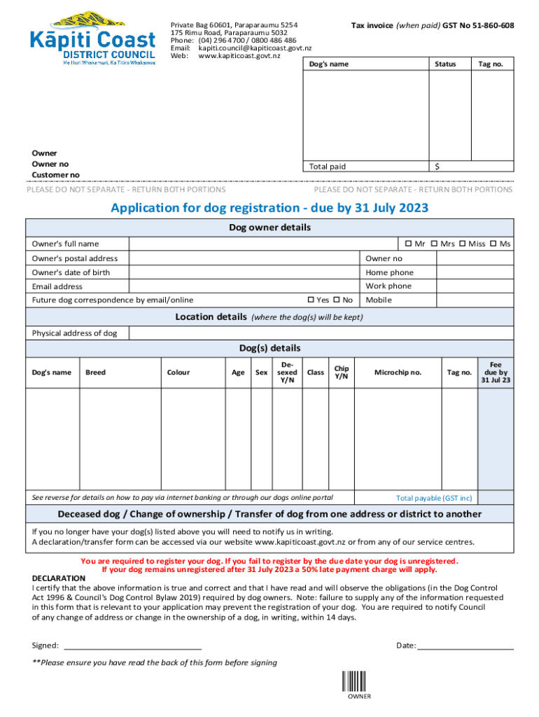  Application for Dog Registration Due by 31 July 2023-2024