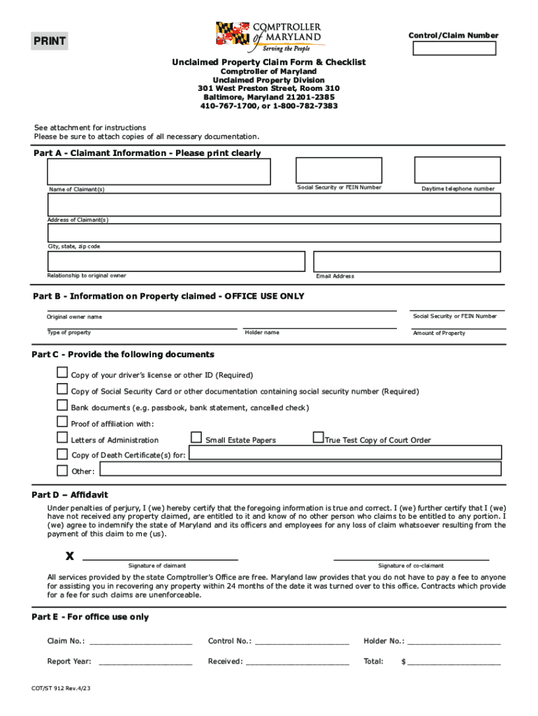  COT ST912 Unclaimed Property Unclaimed Property Calim Form for Submission 2023-2024