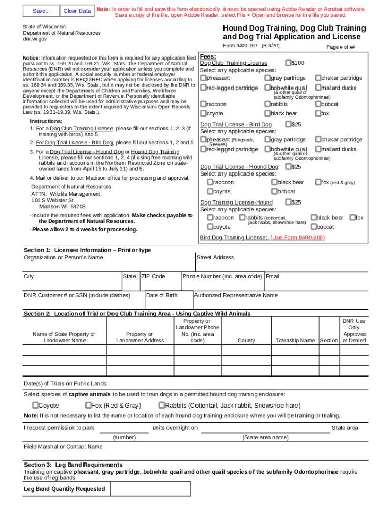  Form 9400 167 Hound Dog Training, Dog Club Training and Dog Trial Application and License 9400 167 PDF 2020-2024