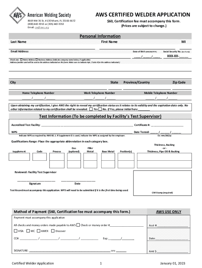 AWS Certified Welder Application AWS Certified Welder Application  Form