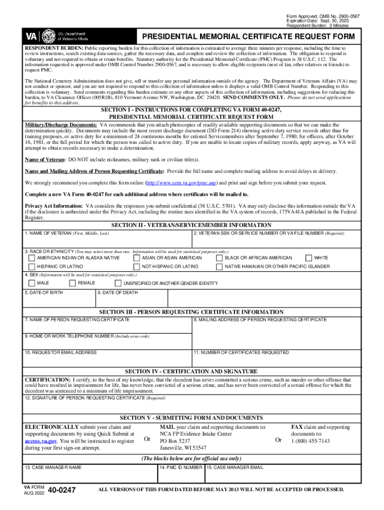  Presidential Memorial Certificate Request Form 2022-2024