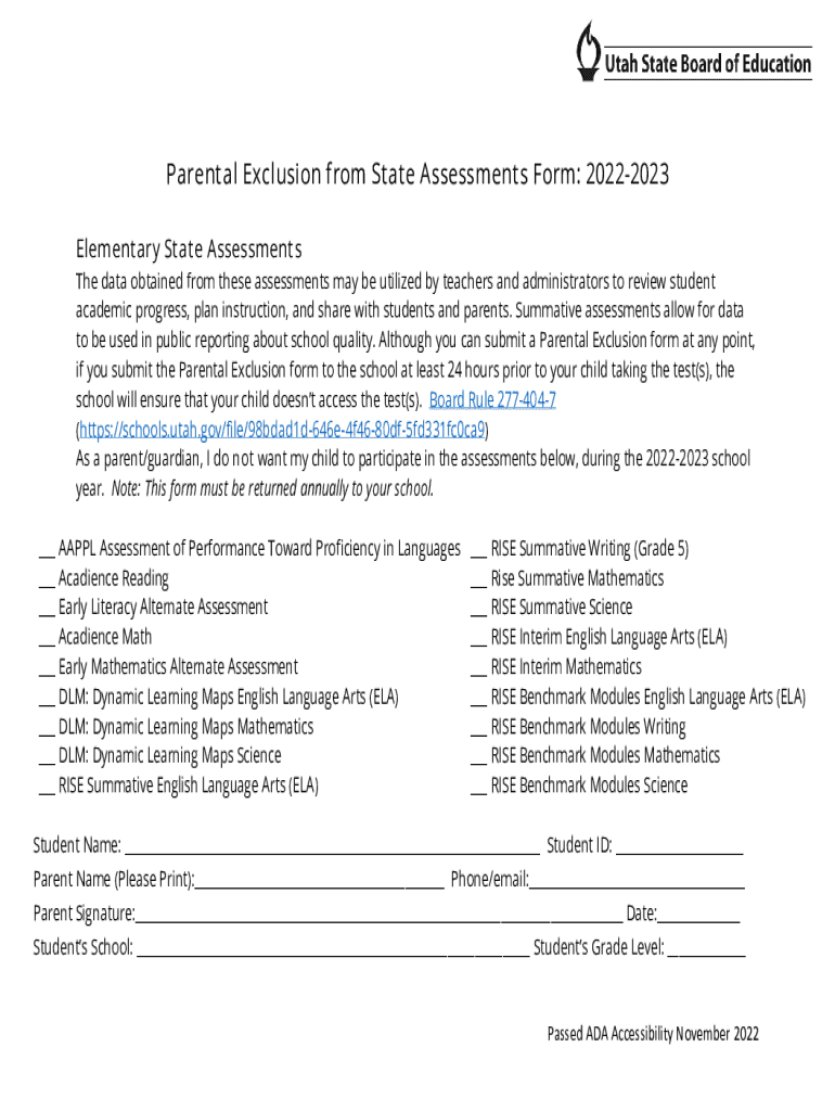  Get UT Parental Exclusion from State Assessments Form 2022-2024
