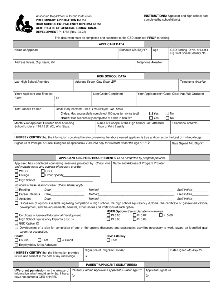  PI 1783 Preliminary Application for the High School 2022-2024