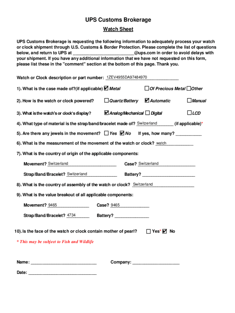 UPS Customs Brokerage Watch Sheet  Form