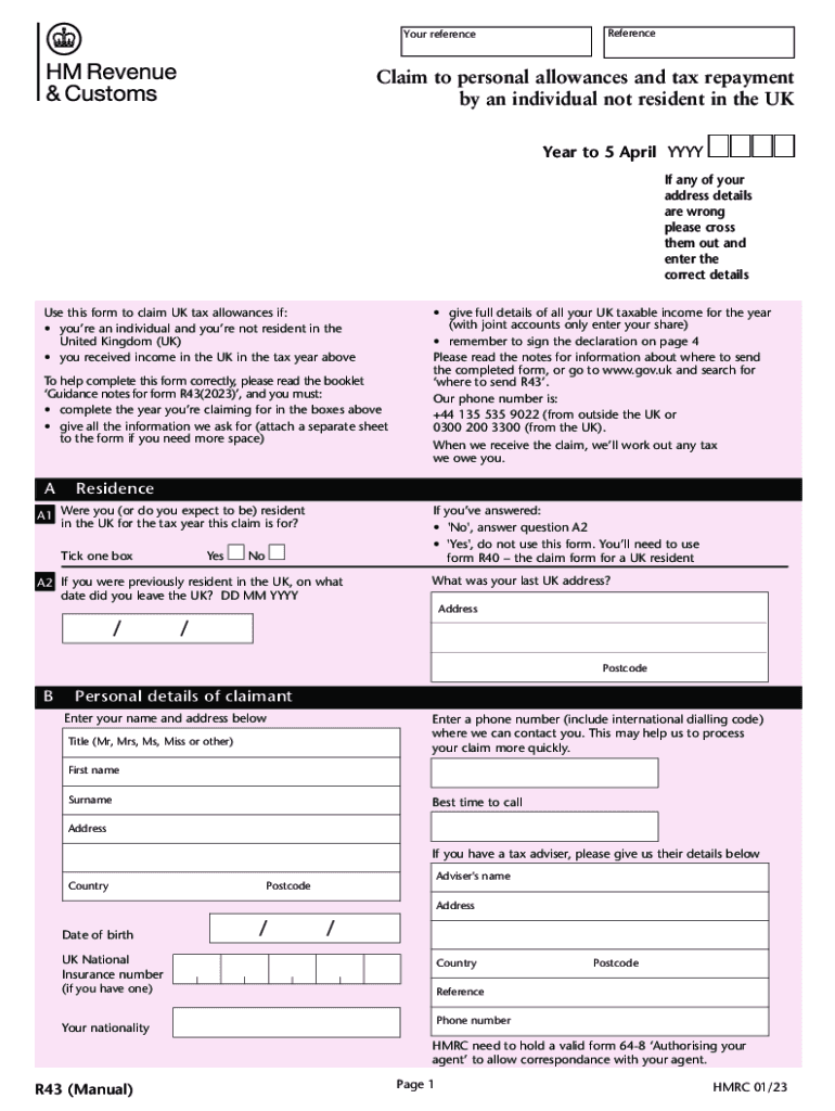  R43Manual Claim to Personal Allowances and Tax Repayment by an Individual Not Resident in the UK 2023-2024