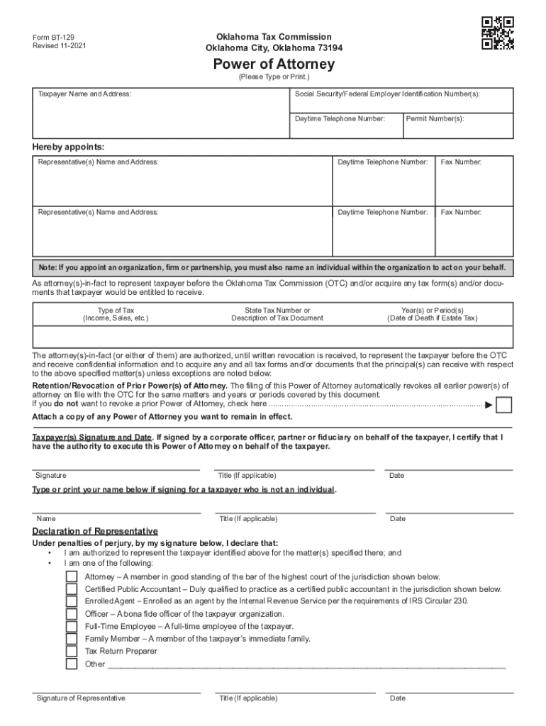  Fillable Form BT 129 Power of Attorney Oklahoma Tax 2021-2024