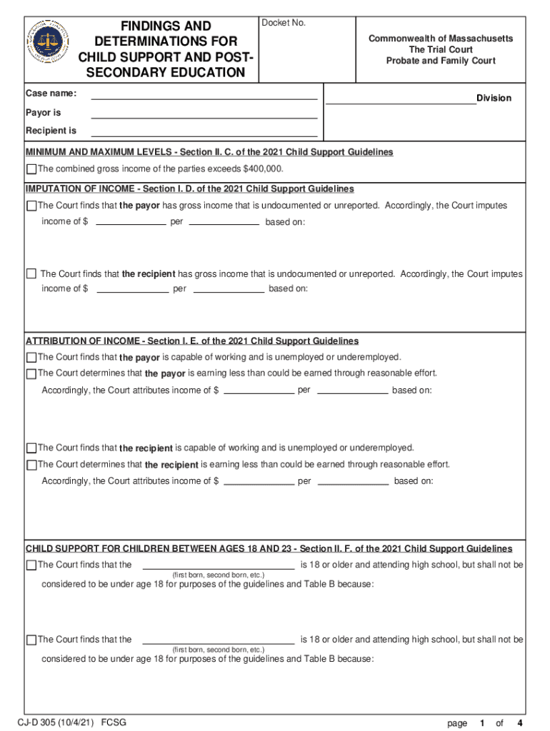 Findings and Determinations for Child Support and Post Secondary  Form