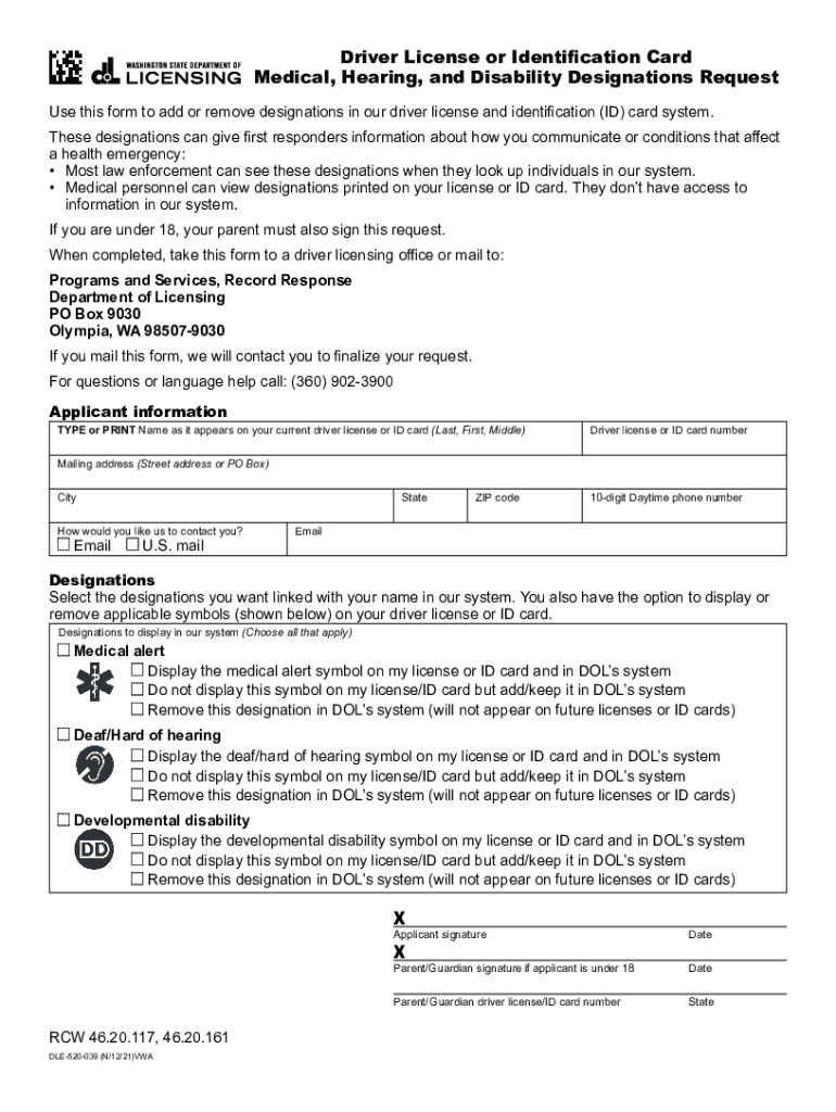  Driver License or Identification Card Medical, Hearing and Disability Designations Request Form to Request a Special Designation 2021-2024