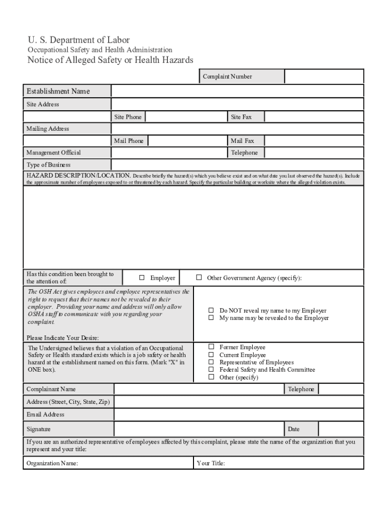 US Department of Labor&#039;s Occupational Safety and Health  Form