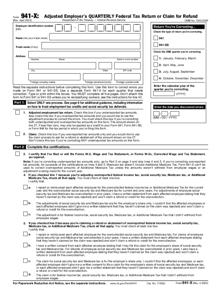  Form 941 X Rev April Adjusted Employer&#039;s QUARTERLY Federal Tax Return or Claim for Refund 2023-2024