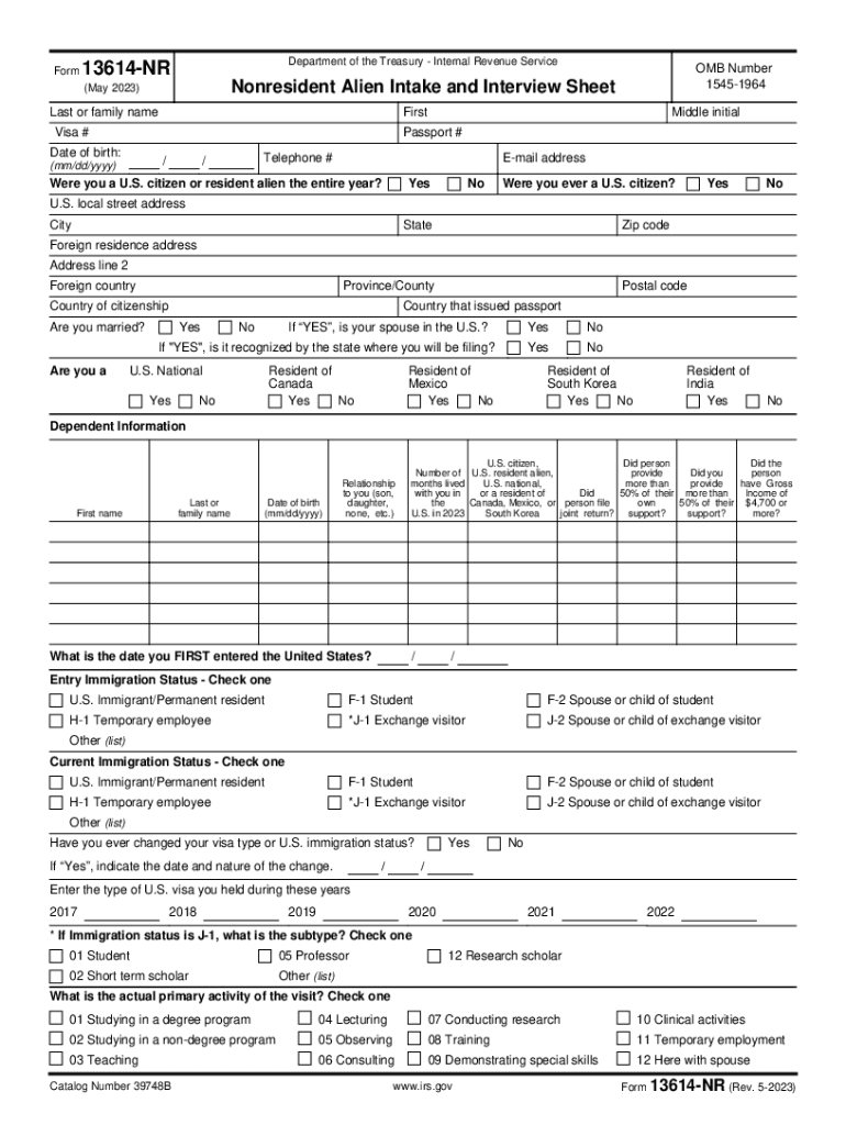  Form 13614 NR Rev 5 Nonresident Alien Intake and Interview Sheet 2023-2024
