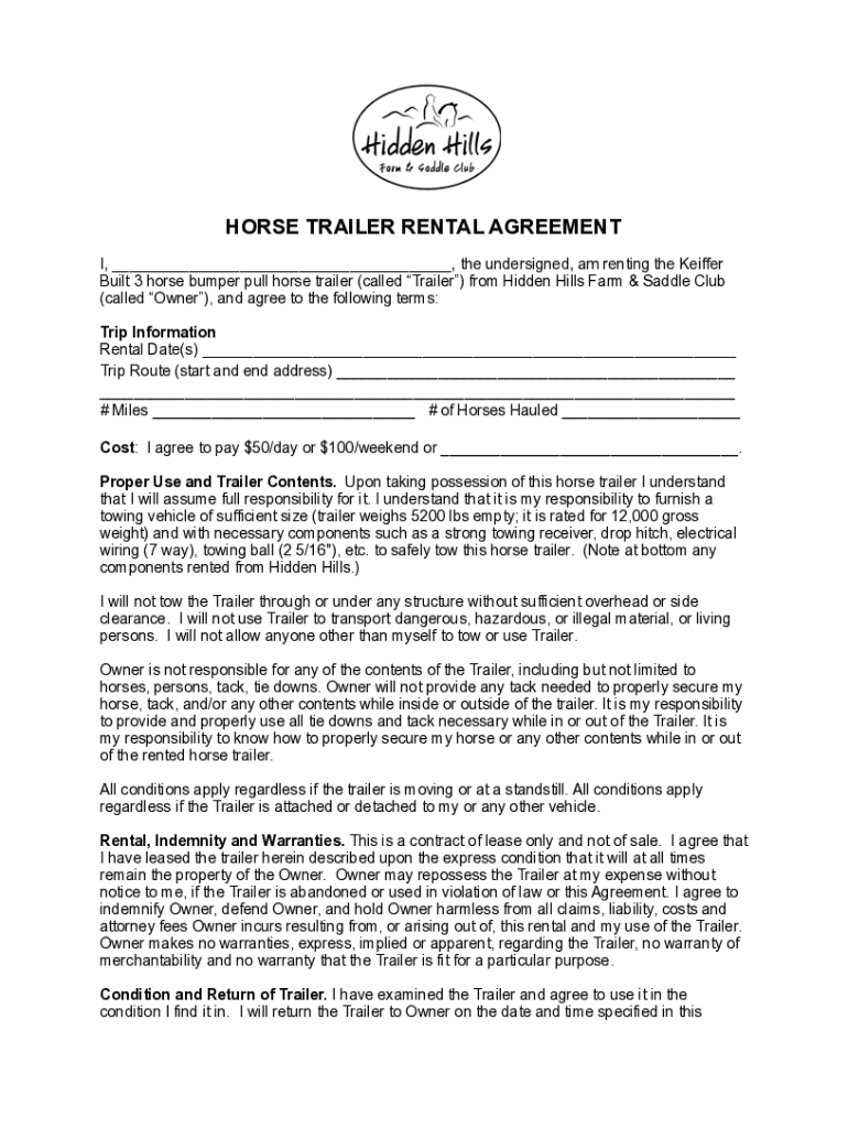  Lease or Rental Agreement of Horse Trailer with Option to 2021-2024
