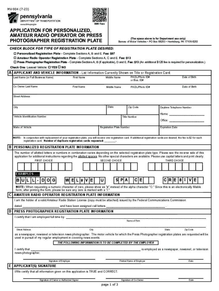  Form MV 904 PennDOT Driver and Vehicle Services 2023-2024