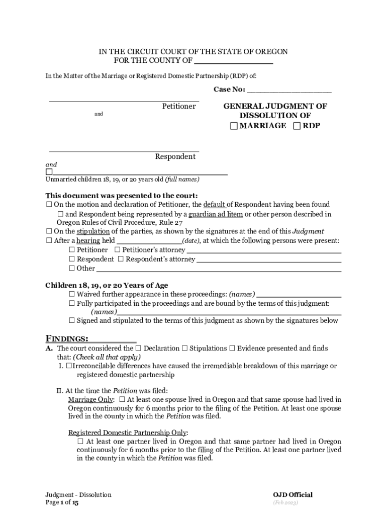 Filing for Dissolution Divorce Oregon Judicial Department  Form