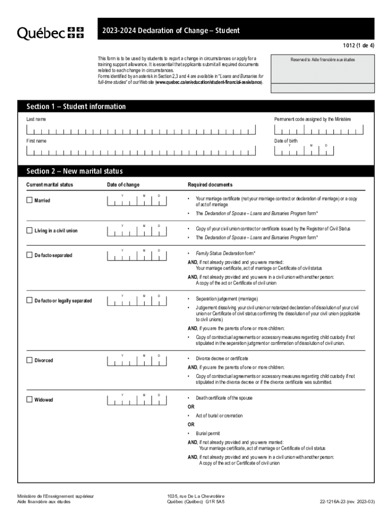 1012 Declaration of Change Amend Your Loans and Bursaries Application or Request Reimbursement for Chiropractic Care or Medicati  Form