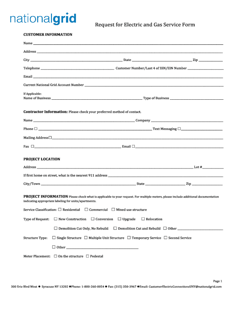 Request for Electric and Gas Service  Form